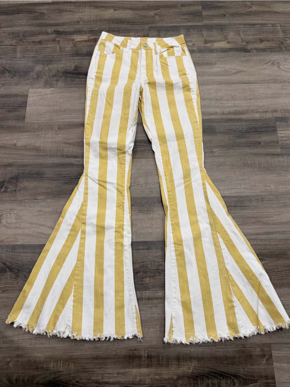 Saints & Hearts Yellow White Striped Flare Jeans Raw Hem Boho